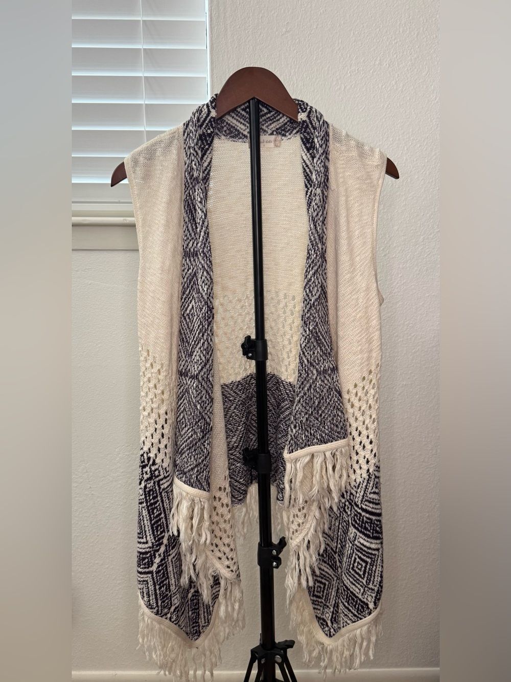 Altar'd State Cream Boho Geometric Knit Fringed Open Front Vest